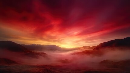 A breathtaking misty valley is enveloped in rich, fiery twilight colors, creating a dreamlike and captivating atmosphere that invites contemplation and wonder.