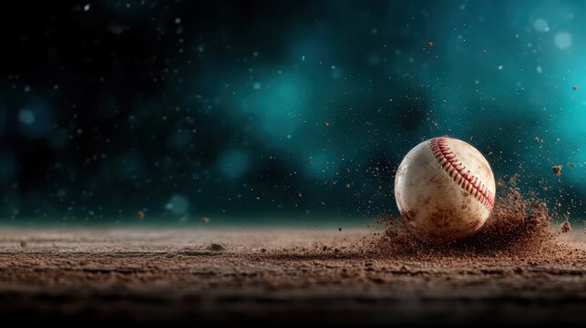 A baseball captured in motion as it rolls across a dusty ground, illuminated by soft lighting, evoking nostalgia and the classic dynamics of the sport.