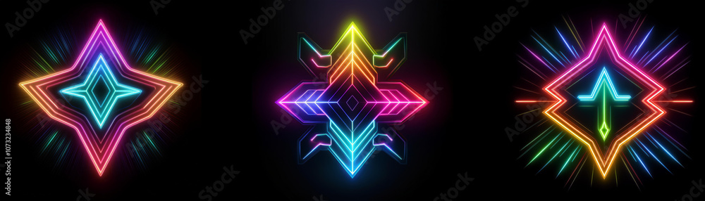 Poster Three abstract geometric shapes composed of neon lines of different colors.