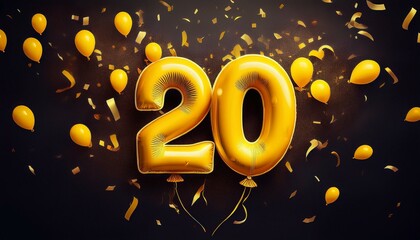 Yellow birthday / anniversary balloon, number 20, black background with confetti
