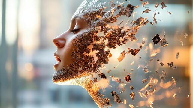 A woman's face appears to dissolve into tiny particles in a digital abstract form, representing transformation and the fleeting nature of human identity.