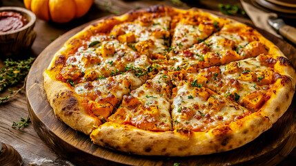 A studio photo of a Neapolitan pizza, beautifully presented with a golden-brown crust and a deliciously unique topping of pumpkin sauce.