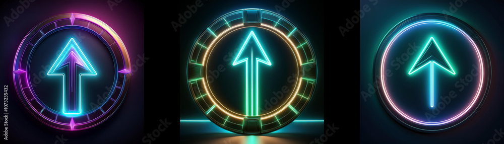 Poster Three glowing neon arrows point upward, each within a circular frame, the first with a purple and pink frame, the second with a teal and orange frame and the third with a pink frame.