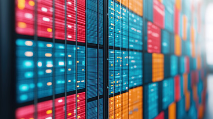 Fototapeta premium A vibrant, abstract representation of data visualization featuring colorful bars in shades of blue, red, and orange.