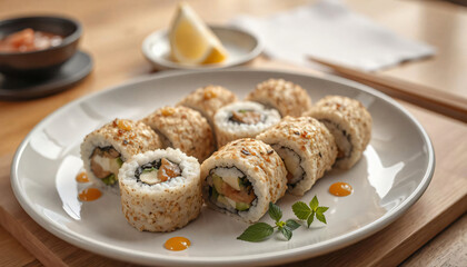 sushi with rice, salmon and vegetables