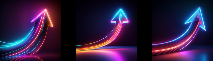 Three neon arrows pointing upwards, each with a different color scheme, on a black background.
