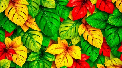 Vibrant Tropical Foliage Displaying Intertwined Green, Yellow, and Red Leaves with a Detailed Veined Pattern