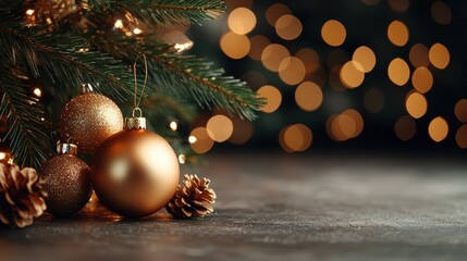 This image shows a collection of Christmas baubles nestled against a lush green tree branch, with warm glowing lights creating a cozy, festive ambiance.