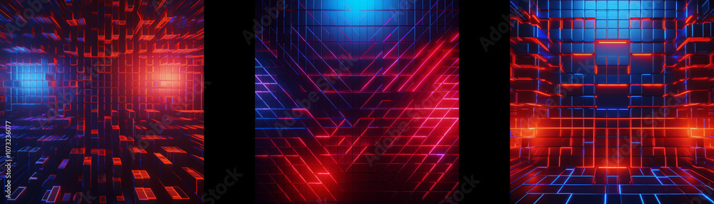 Poster Abstract digital art of glowing red and blue lines in a geometric pattern.