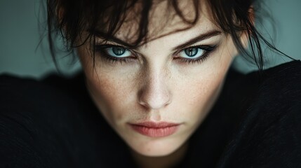 Fototapeta premium Powerful portrait showcasing an intense focused stare with striking green eyes and freckles, evoking a sense of determination and silent fortitude in a modern setting.