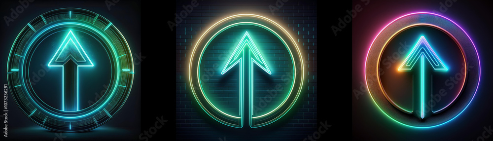 Poster three neon upward arrows, each inside a circle with a different color, on a black background.