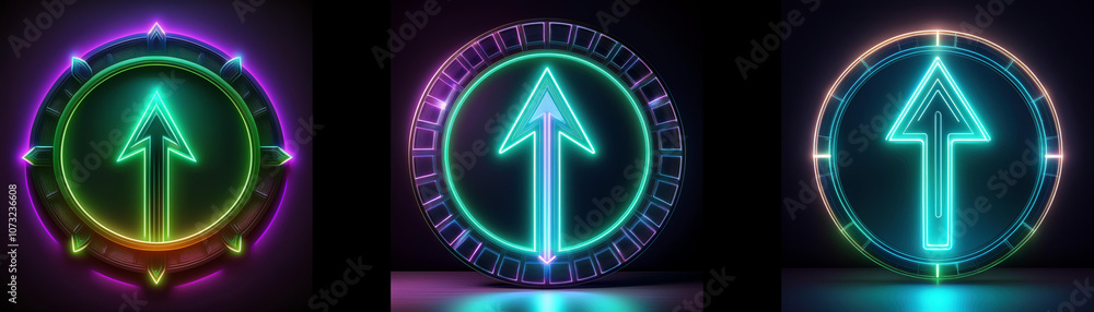 Aufkleber three circular neon signs with a glowing upward arrow in the center on a black background.