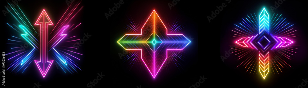 Poster three neon symbols in a dark background. the symbols are all geometric shapes with a colorful design