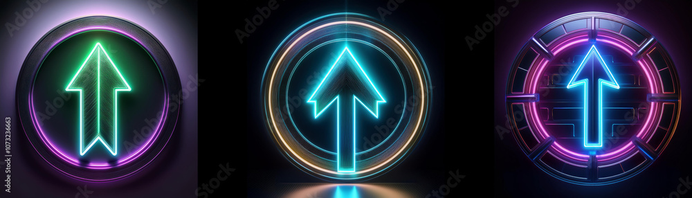 Poster three glowing neon arrows pointing upward, each in a different colored circle, on a dark background.