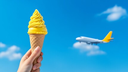 Person holding a yellow ice cream cone in front of a plane. Scene is lighthearted and fun, as the person is enjoying a sweet treat while looking up at the sky