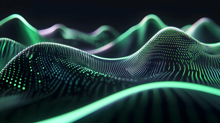 A futuristic wave-like structure with glowing green and purple light trails, resembling an abstract digital terrain against a dark background.

