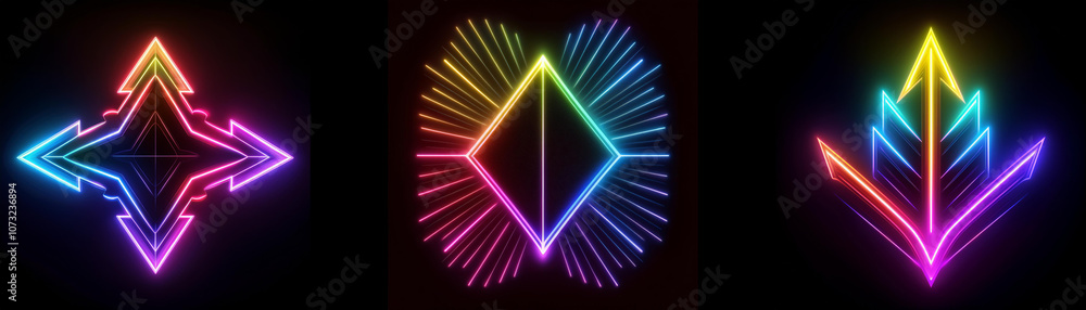 Poster Three abstract neon symbols with geometric shapes and radiating lines against a dark background.