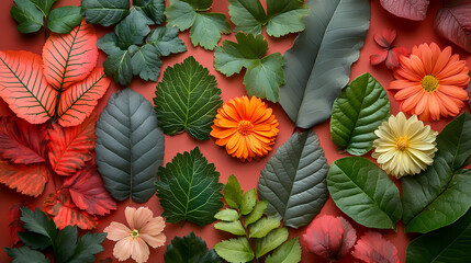 Naklejka premium Top view of plants with different kinds of leaves and flowers