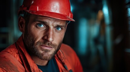 A mechanic with striking blue eyes, clothed in work attire, and a red helmet, exudes determination in a rugged construction site setting.