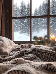 Cozy Bed with Snowy View from a Window
