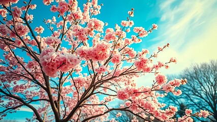 A vibrant pink cherry blossom tree blooms against a blue sky with delicate white clouds, showcasing the beauty of nature's springtime awakening.