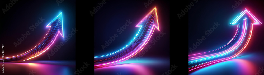 Poster three neon glowing arrows pointing upward in different color combinations.