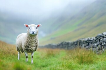 Fototapeta premium Misty Dawn in the Lake District With a Lone Sheep Grazing Near Stone Walls