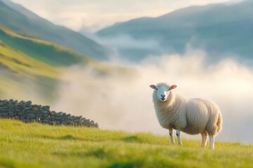 Fototapeta premium Misty Dawn in the Lake District With a Grazing Sheep and Rolling Hills Behind
