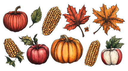 Abstract watercolor hand drawn pumpkins, apples, and corn with vibrant leaves, perfect for autumn decorations and seasonal artwork. Hand drawn nature design elements isolated on white background.