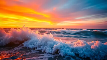 A close-up of foamy ocean waves crashing against the shore during a vibrant sunset, capturing the beauty of nature's dynamic energy.