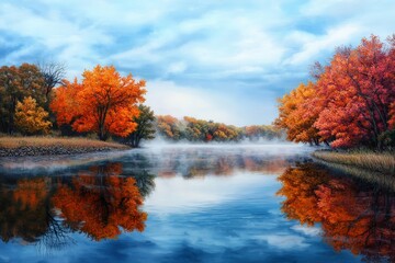Fototapeta premium Tranquil Autumn Scene with Foggy Riverbank and Vibrant Colored Trees Under Cloudy Sky