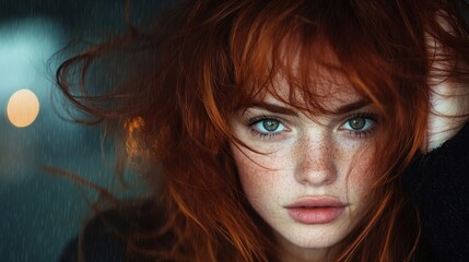 Fototapeta premium A captivating portrait of a woman with vivid red hair and freckles on her face, exuding a sense of natural beauty and self-assurance against a blurred background.