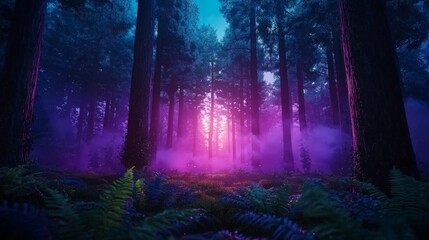 Enchanted Forest at Dawn with Thick Fog and Soft Sunlight Filtering Through Tall Trees, Creating a Magical and Mysterious Atmosphere