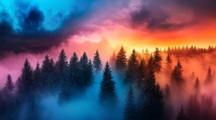 Enchanting Forest at Dawn with Heavy Fog and Soft Sunlight Filtering Through Trees, Creating a Dreamy Atmosphere in Nature