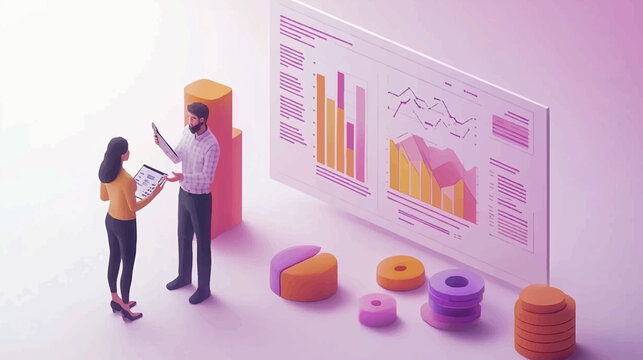 Digital marketing journey isometric seamless pattern. Line 3d icons, people characters, arrows. Develop, business infograph. Vector background teamwork concept illustration. Advertising strategy, seo.