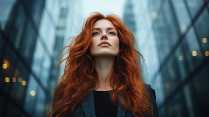A striking red-haired woman stands confidently amidst towering skyscrapers, representing empowerment and strength in a bustling urban environment.