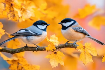 Two Tit Birds Perch on a Tree Branch Amidst Golden Autumn Leaves in a Sunny Park
