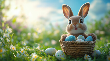 A fluffy Easter bunny sitting amidst vibrant tulips in a garden