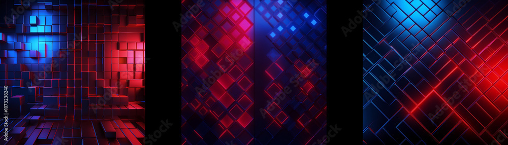 Fototapete abstract background with a geometric grid illuminated with red and blue light.