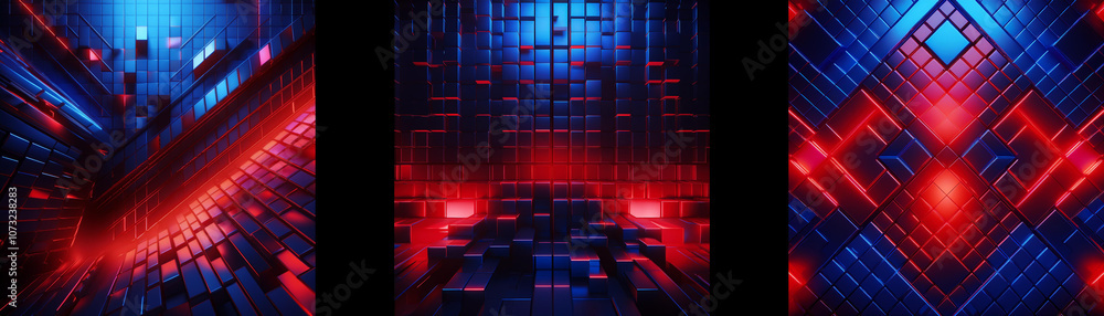 Poster Abstract digital art featuring a geometric pattern of blue and red lines that appear to be glowing.