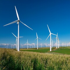 Fototapeta premium A field filled with wind turbines generating clean energy against a clear blue sky