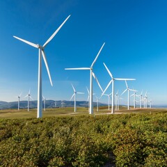 
A field filled with wind turbines generating clean energy against a clear blue sky