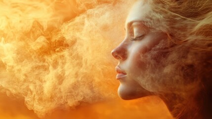 A close portrait of a woman with closed eyes, encircled by ethereal swirling mist in golden tones, invoking calm introspective contemplation.