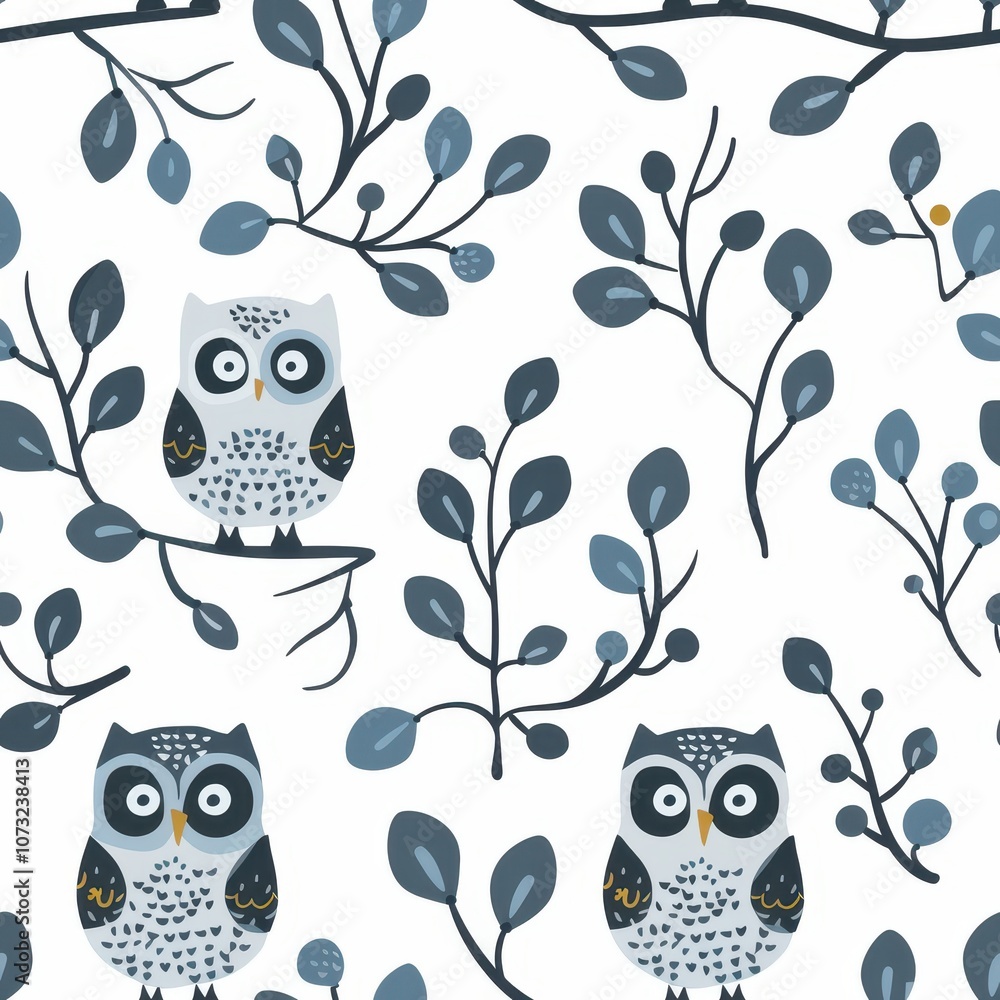 Poster seamless minimal owl pattern design featuring fluffy owls and delicate branches, perfect for fabric 