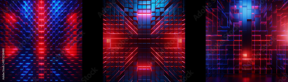 Poster an abstract digital artwork with red and blue lights creating a grid-like pattern with a vanishing p