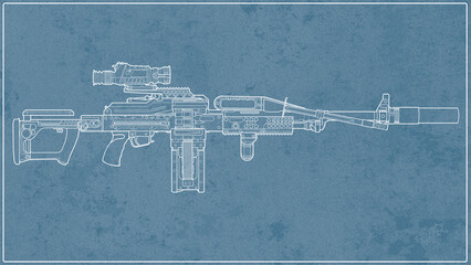 blueprint of upgraded Russian pkp machine gun with collimator sight, tactical grip, folding stock, bipods, thermal imaging sight and silencer on a blue background