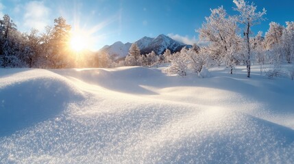 Fototapeta premium A breathtaking view of a sunrise casting golden light over a pristine snow-covered landscape with majestic mountains in the background, creating a serene atmosphere.