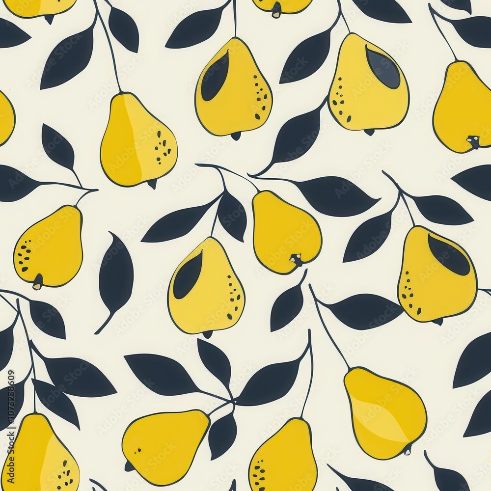 Poster seamless minimal pattern featuring yellow pears and green leaves on a soft cream background for fabr