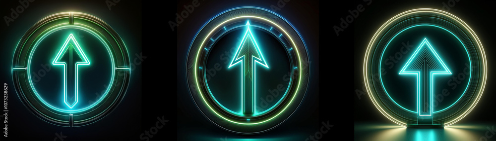 Poster three circular neon signs with an upward-pointing arrow in the center