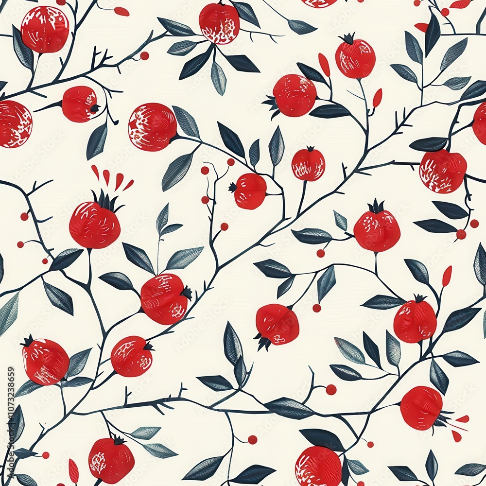 Poster seamless minimalist pattern design featuring pomegranates and leaves on a light background ideal for